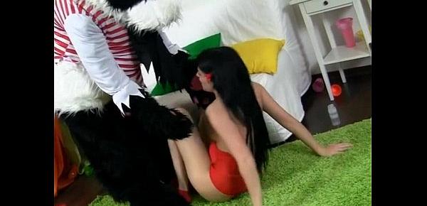  Sexy brunette girl in red tempts Panda